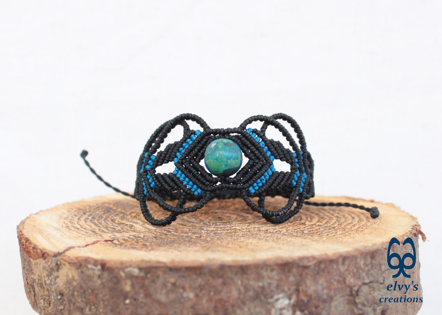 Black Macrame Bracelet with Blue Azurite Gemstone Boho Macrame Adjustable Bracelet