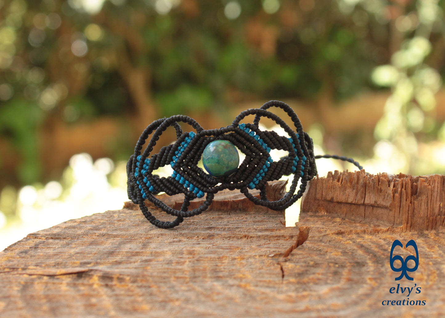 Black Macrame Bracelet with Blue Azurite Gemstone Boho Macrame Adjustable Bracelet