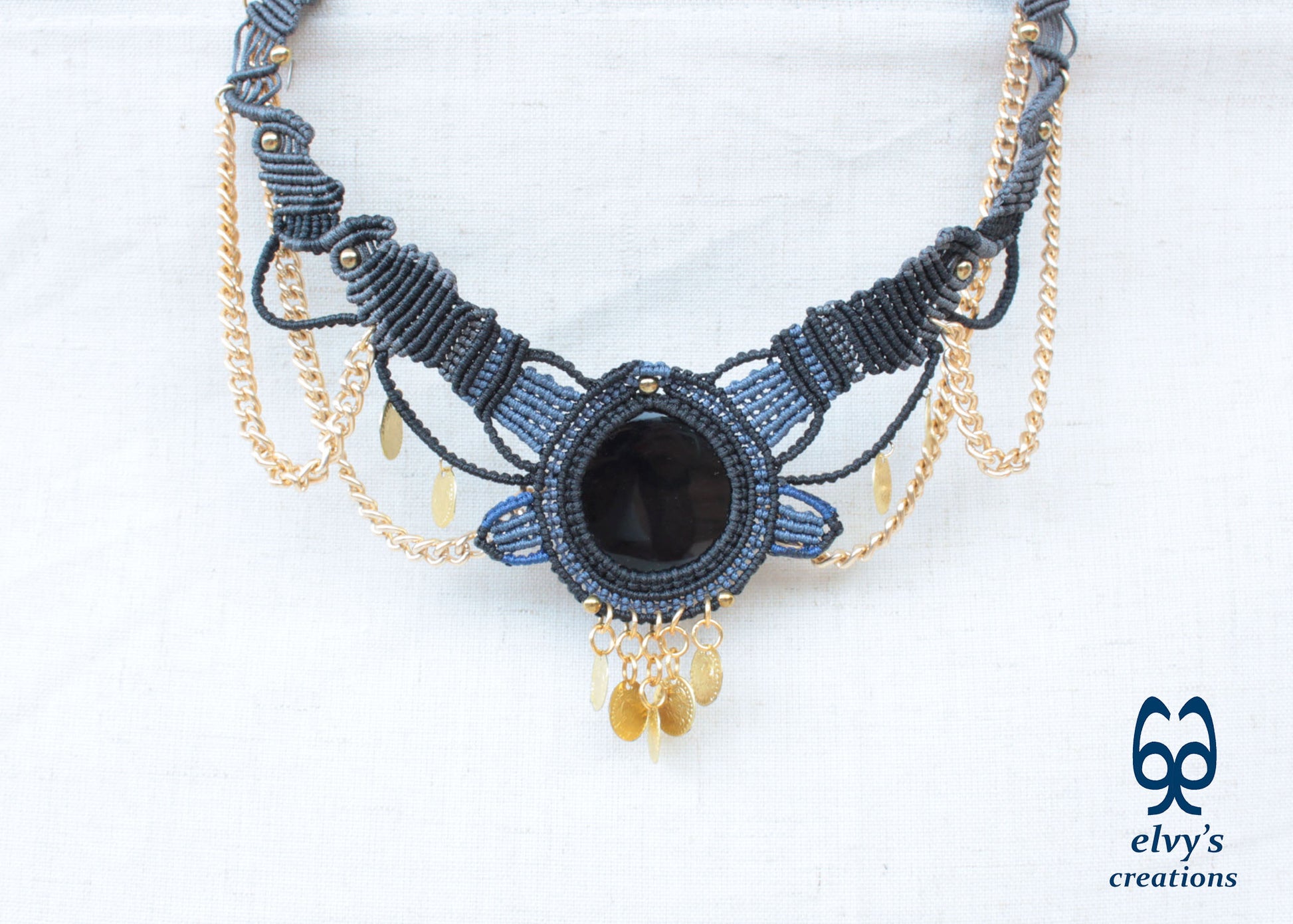 Black Macrame Necklace with Agate, Blue Handmade Gypsy Necklace, Gray Choker with Gold Coins