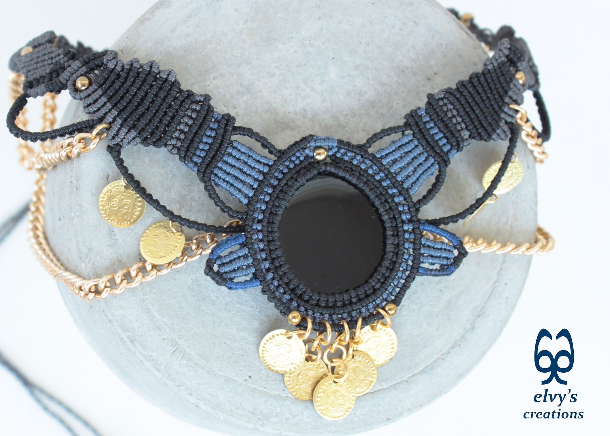 Black Macrame Necklace with Agate, Blue Handmade Gypsy Necklace, Gray Choker with Gold Coins