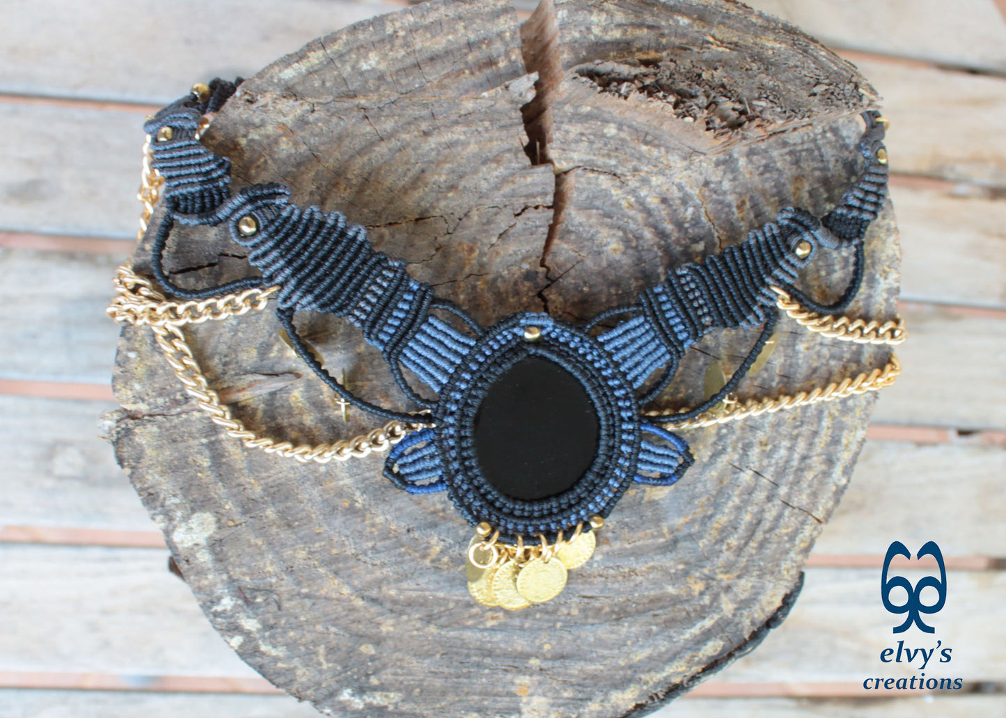 Black Macrame Necklace with Agate, Blue Handmade Gypsy Necklace, Gray Choker with Gold Coins