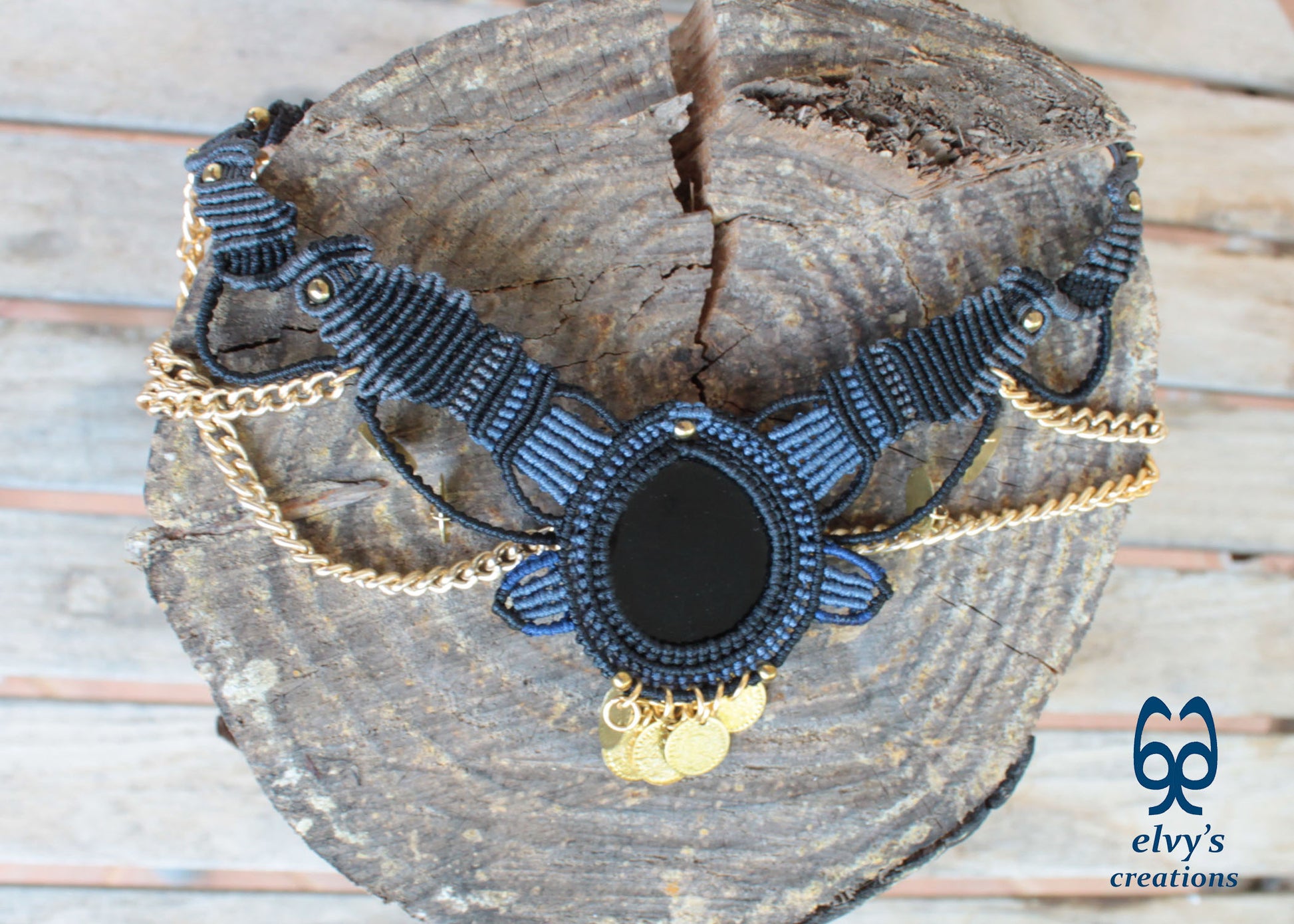 Black Macrame Necklace with Agate, Blue Handmade Gypsy Necklace, Gray Choker with Gold Coins