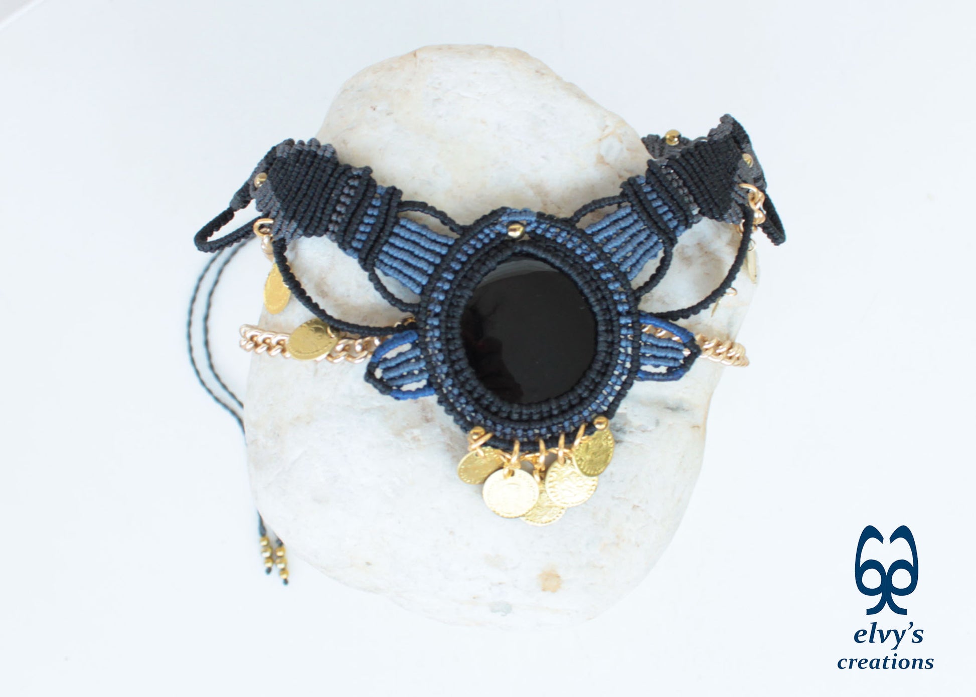 Black Macrame Necklace with Agate, Blue Handmade Gypsy Necklace, Gray Choker with Gold Coins