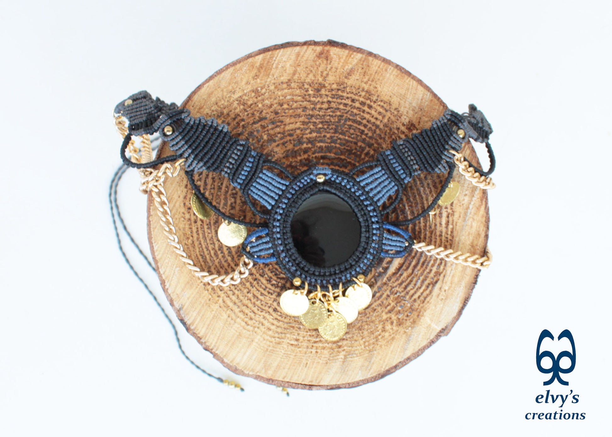 Black Macrame Necklace with Agate, Blue Handmade Gypsy Necklace, Gray Choker with Gold Coins