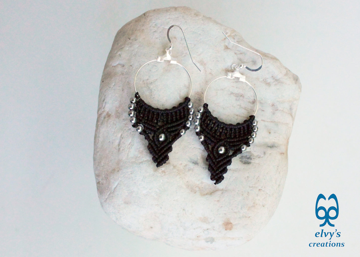 Silver and Black Macrame Earrings Hematite Gemstones Hoop Earrings