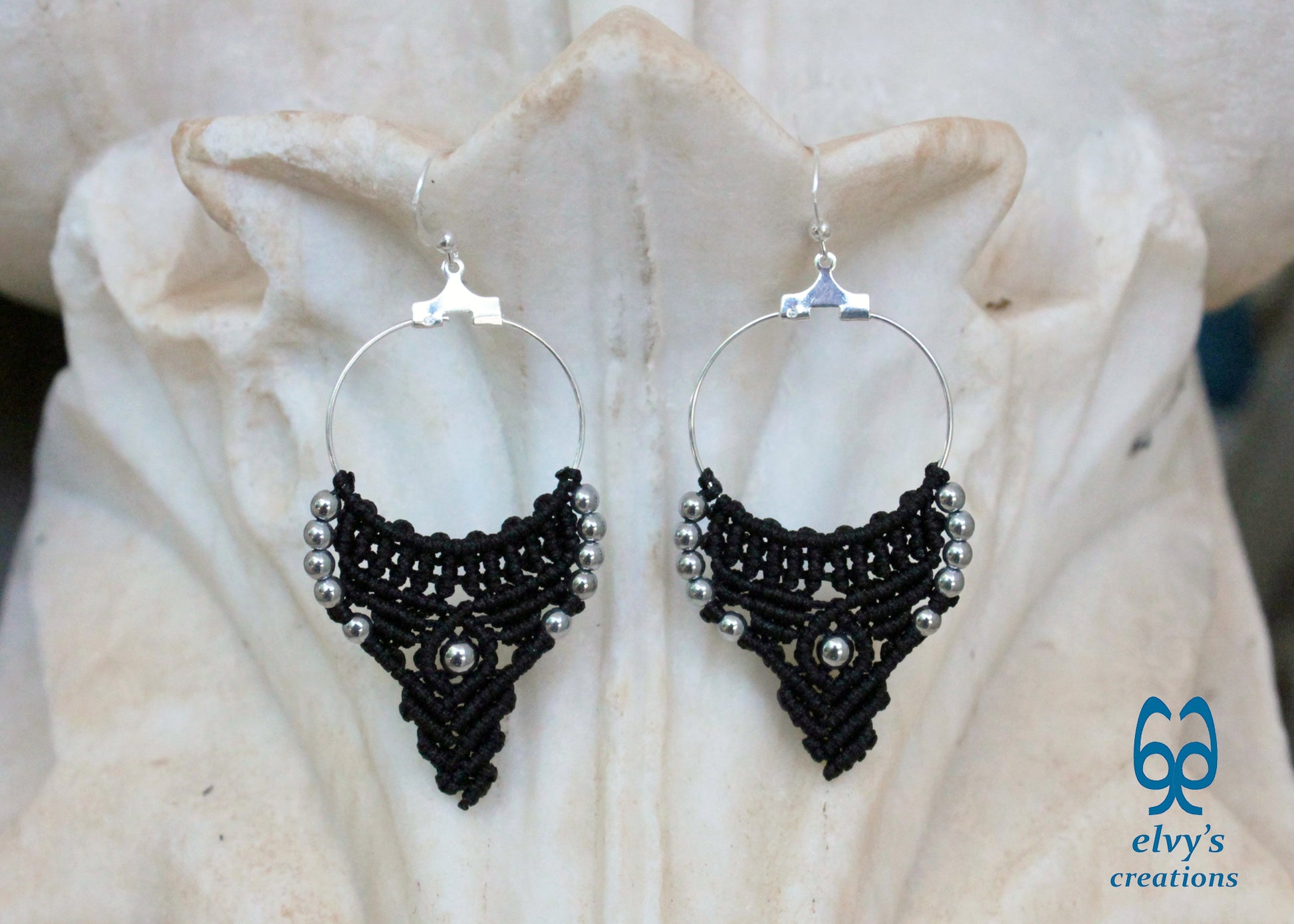 Silver and Black Macrame Earrings Hematite Gemstones Hoop Earrings