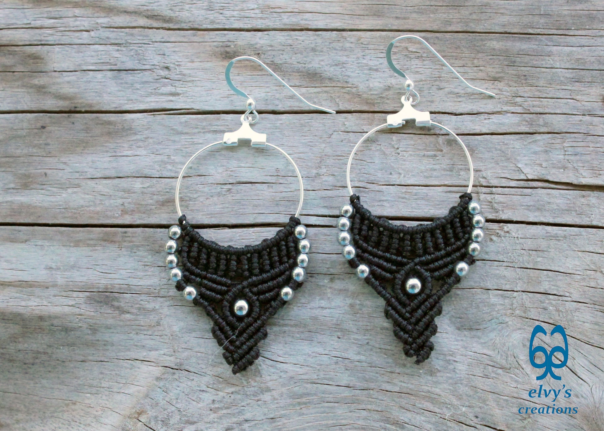 Silver and Black Macrame Earrings Hematite Gemstones Hoop Earrings