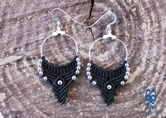 Silver and Black Macrame Earrings Hematite Gemstones Hoop Earrings