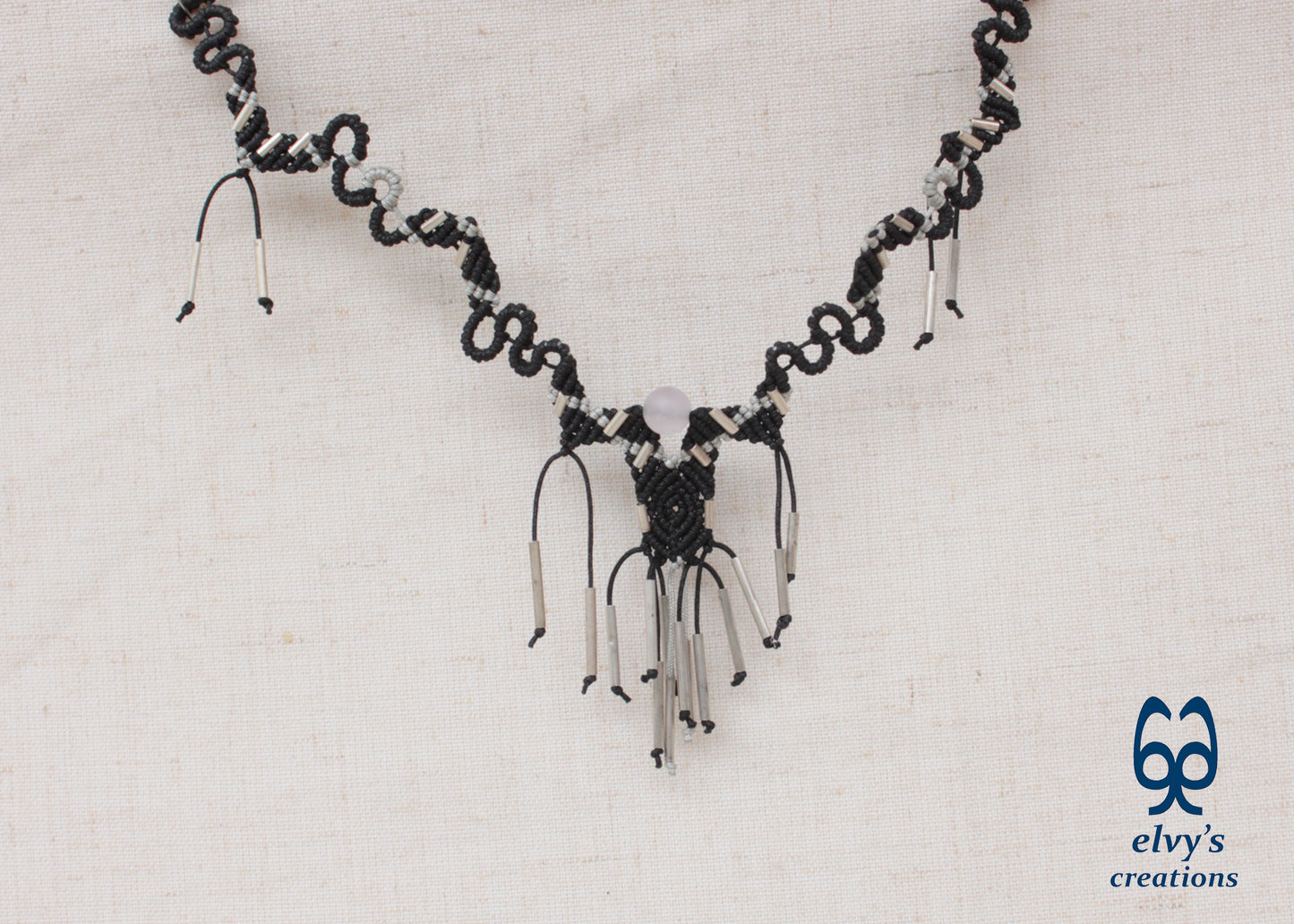 Handmade Black Macrame Necklace Adjustable Silver Choker with Beryl