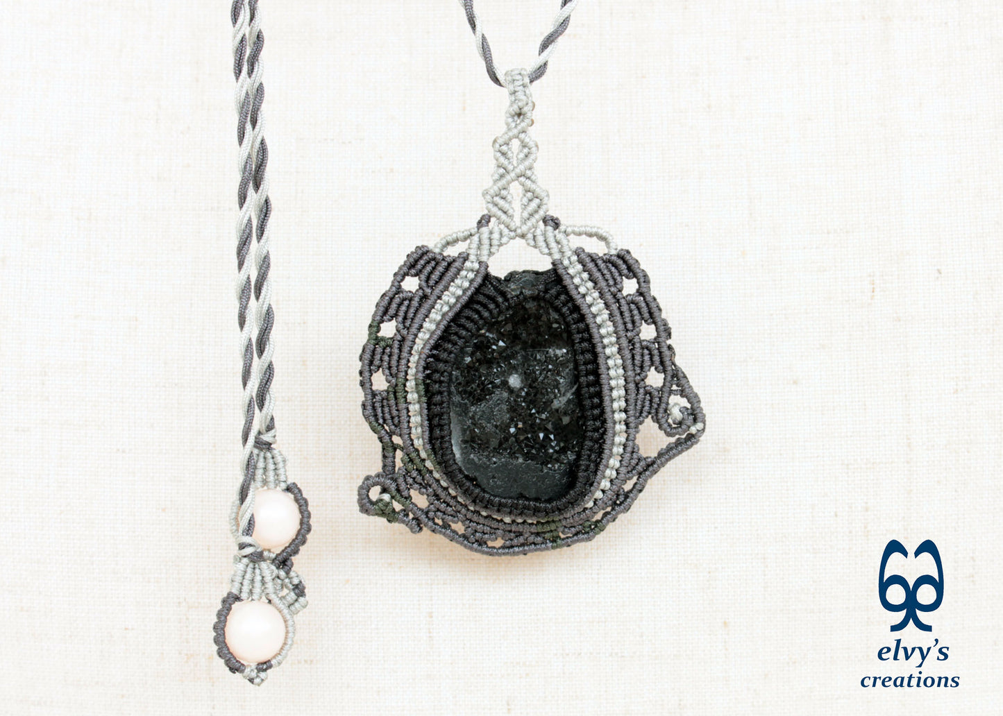 Black Agate Macrame Necklace Hematite Macrame Gemstone Necklace Pendant