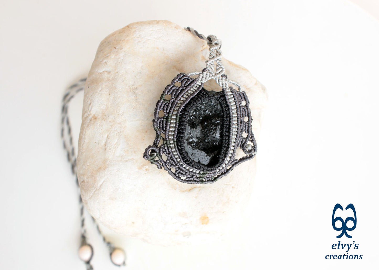 Black Agate Macrame Necklace Hematite Macrame Gemstone Necklace Pendant