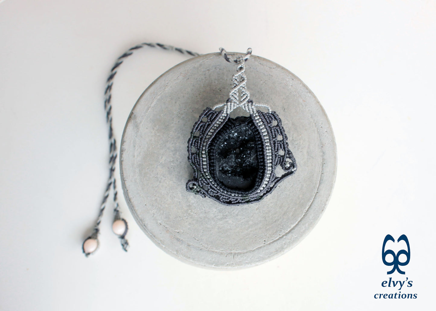 Black Agate Macrame Necklace Hematite Macrame Gemstone Necklace Pendant