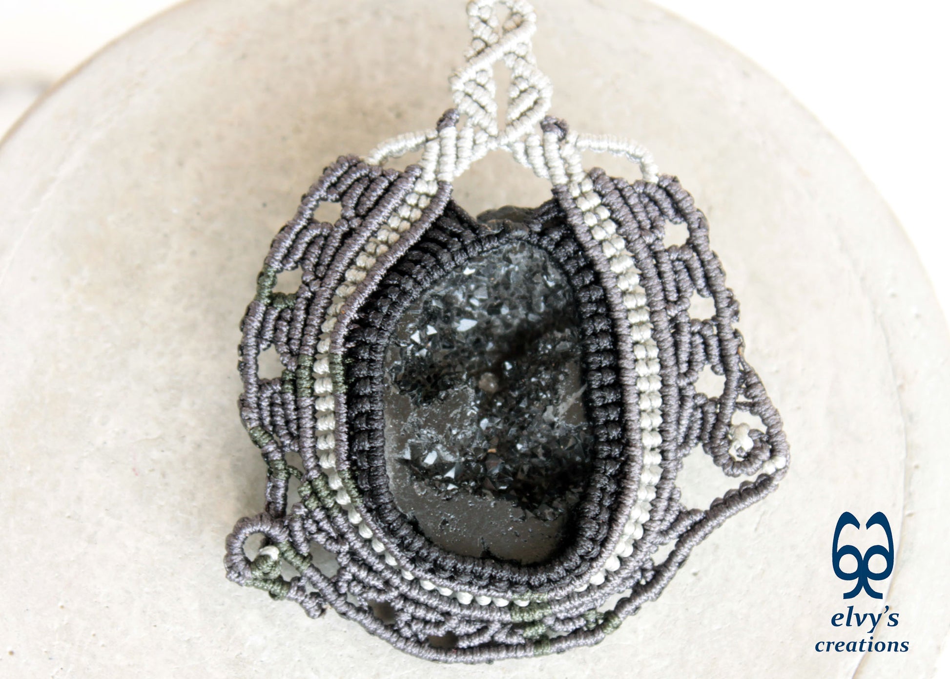 Black Agate Macrame Necklace Hematite Macrame Gemstone Necklace Pendant
