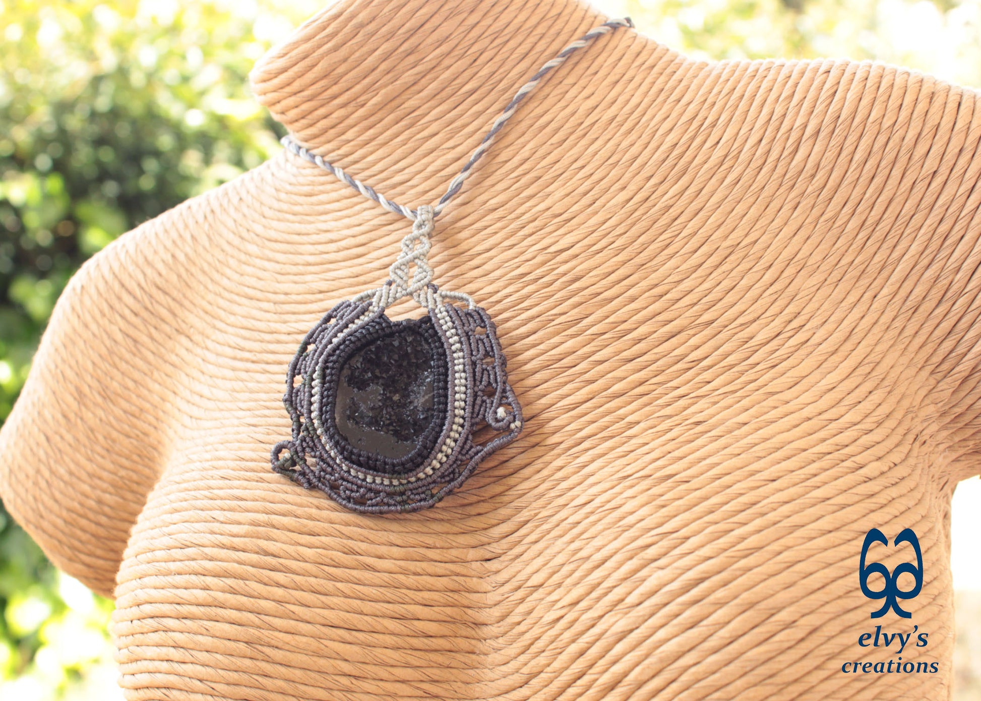Black Agate Macrame Necklace Hematite Macrame Gemstone Necklace Pendant