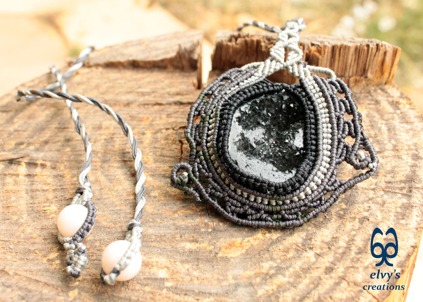 Black Agate Macrame Necklace Hematite Macrame Gemstone Necklace Pendant