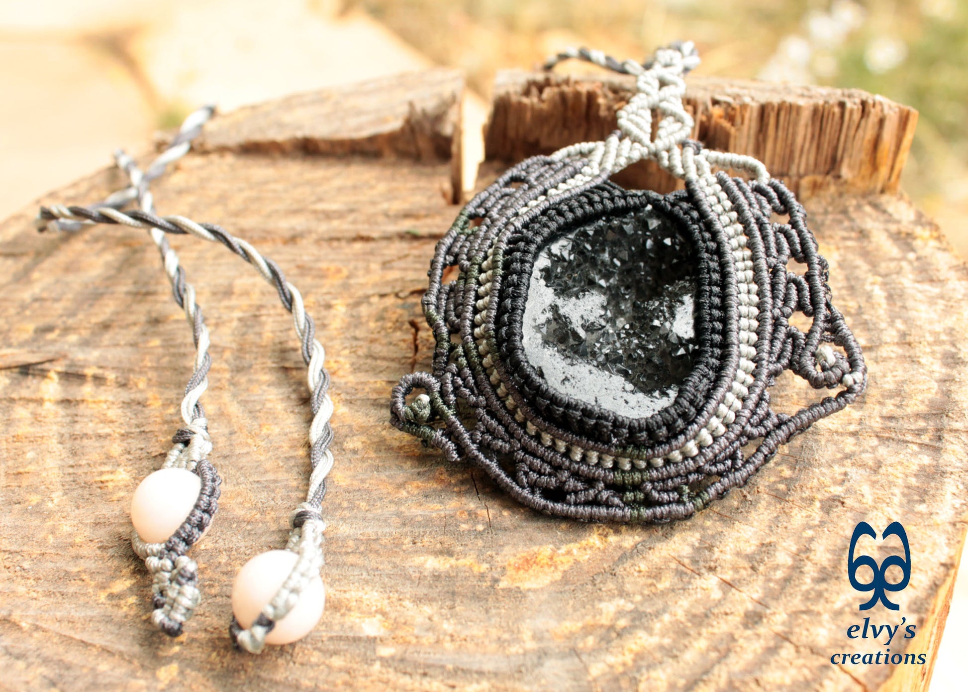 Black Agate Macrame Necklace Hematite Macrame Gemstone Necklace Pendant
