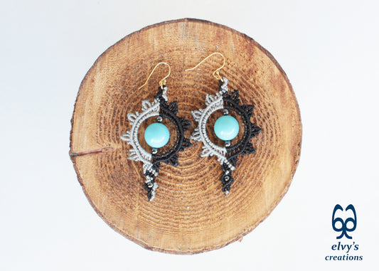 Black and Silver Macrame Earrings with Turquoise