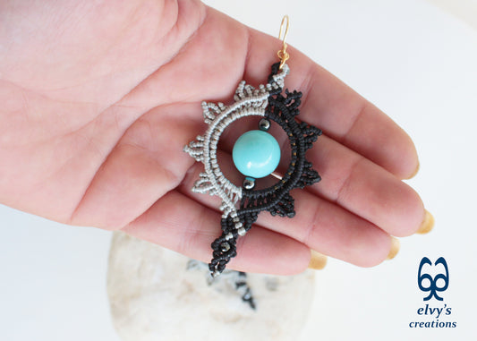 Black and Silver Macrame Earrings with Turquoise