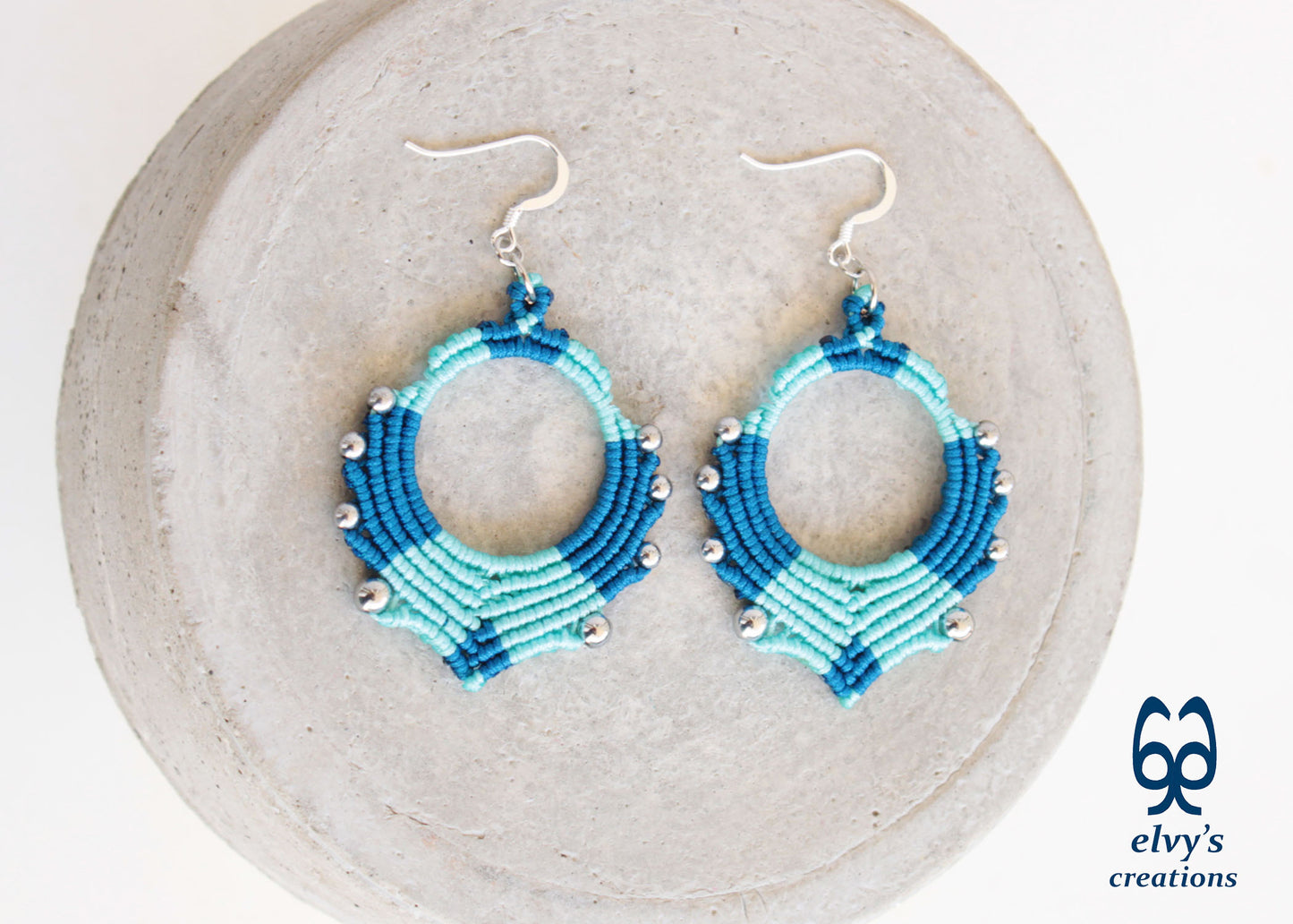 Blue Turquoise Macrame Earrings Silver Hematite Gemstones Hoop Earrings