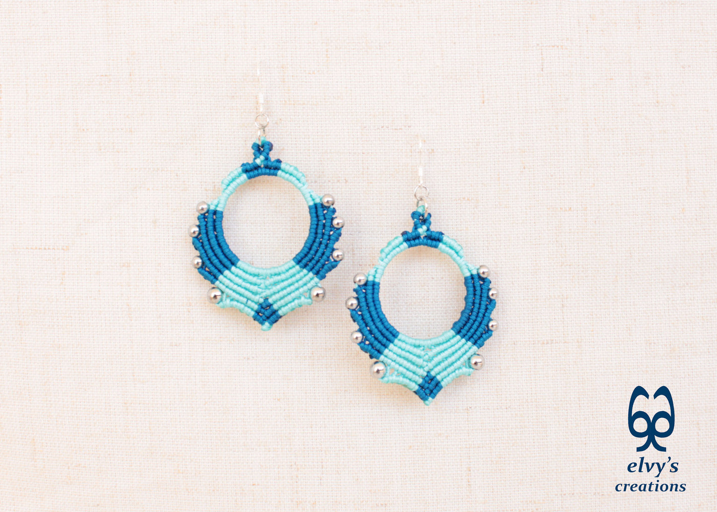 Blue Turquoise Macrame Earrings Silver Hematite Gemstones Hoop Earrings