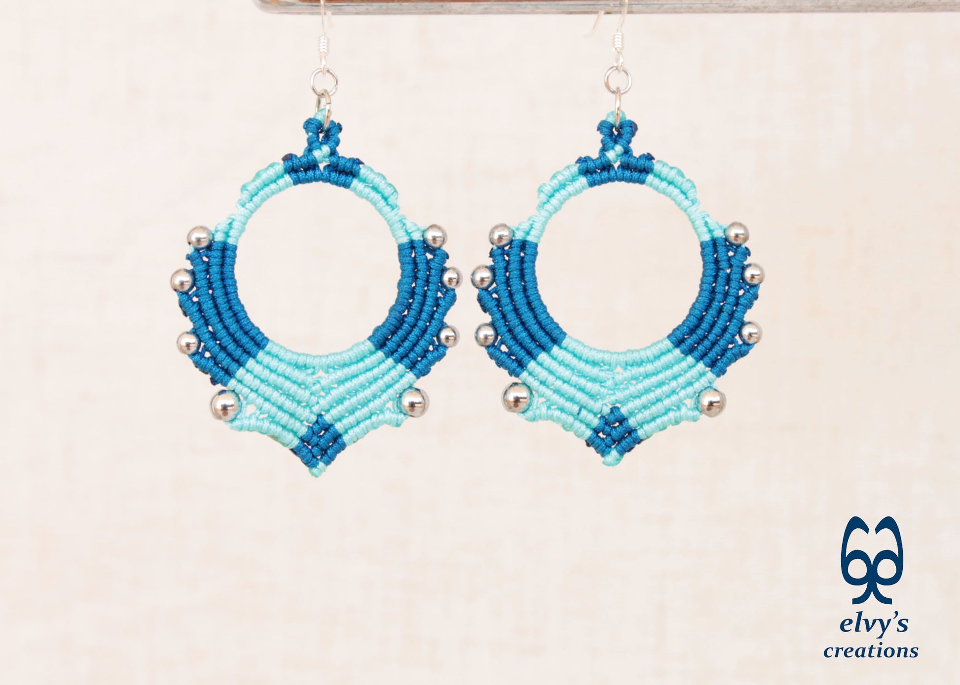 Blue Turquoise Macrame Earrings Silver Hematite Gemstones Hoop Earrings