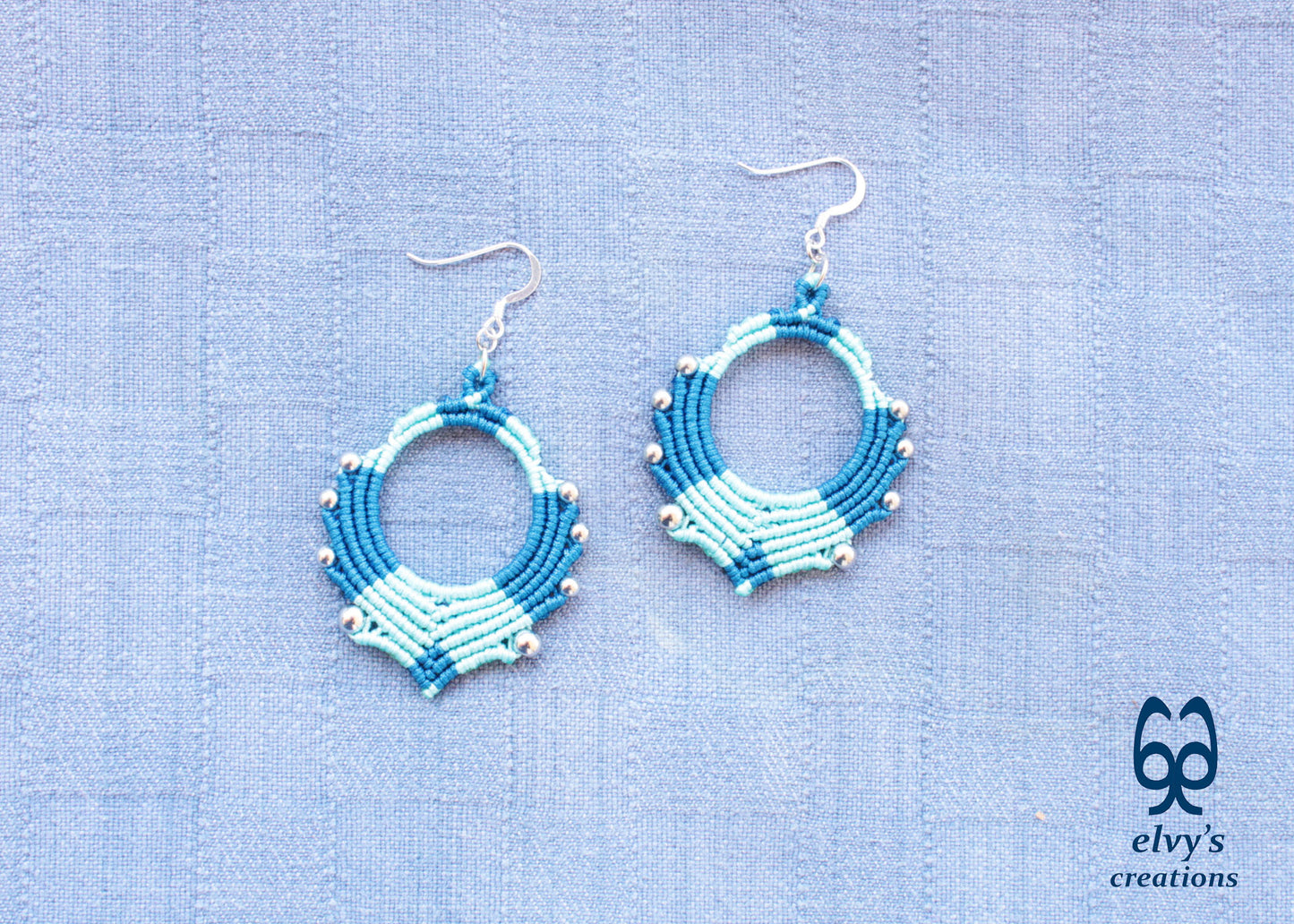Blue Turquoise Macrame Earrings Silver Hematite Gemstones Hoop Earrings