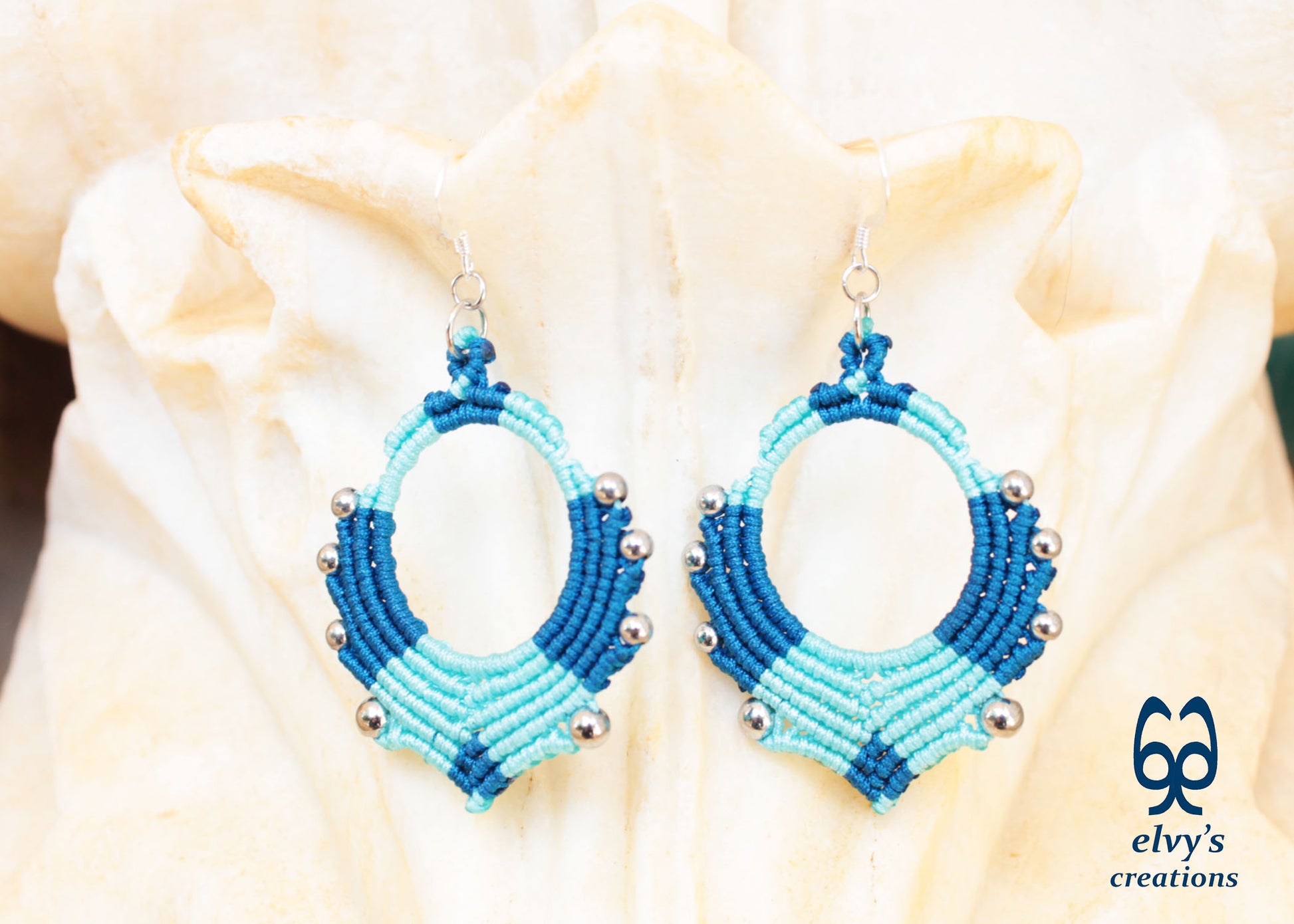 Blue Turquoise Macrame Earrings Silver Hematite Gemstones Hoop Earrings