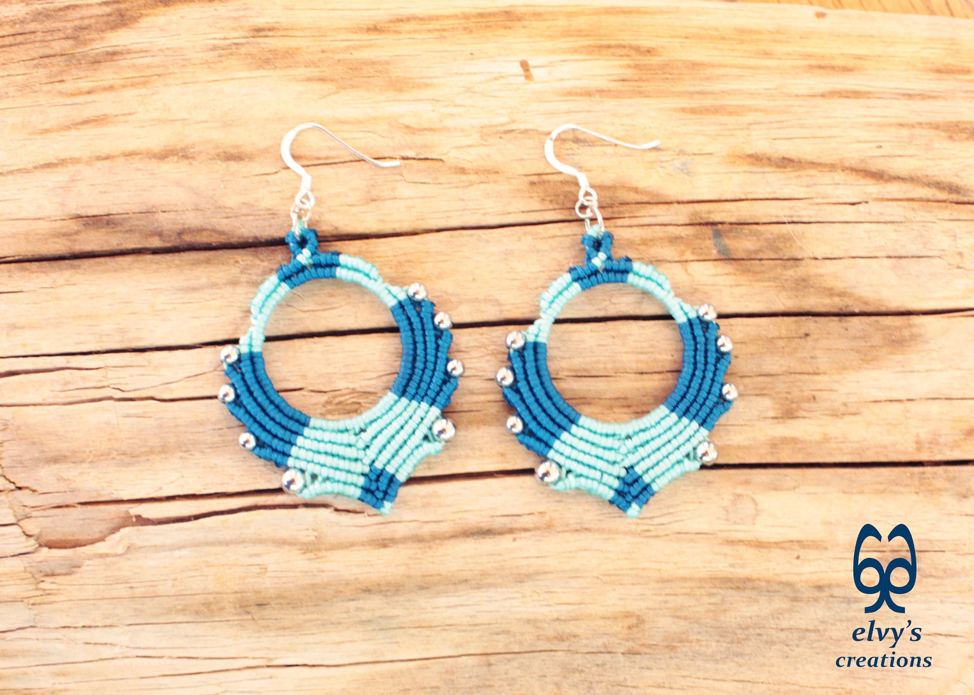 Blue Turquoise Macrame Earrings Silver Hematite Gemstones Hoop Earrings