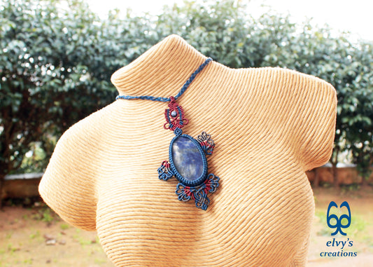 Blue Handmade Macrame Necklace with Sodalite Wrapped Gemstone Necklace