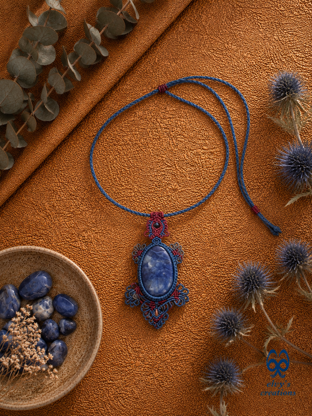Blue Handmade Macrame Necklace with Sodalite Wrapped Gemstone Necklace