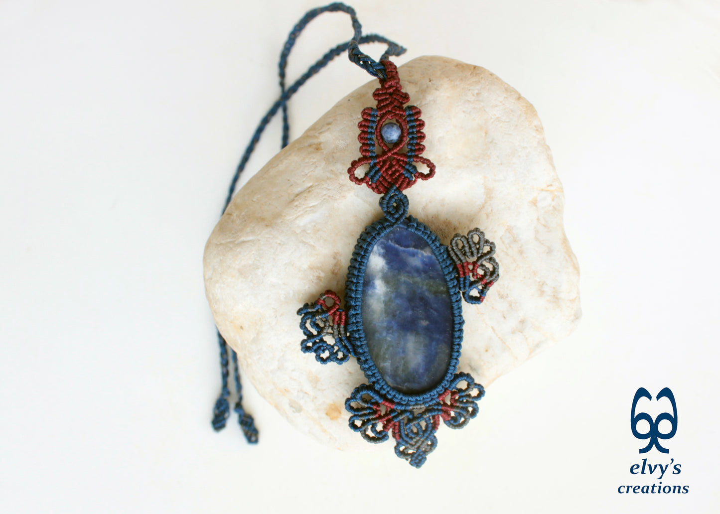 Blue Handmade Macrame Necklace with Sodalite Wrapped Gemstone Necklace