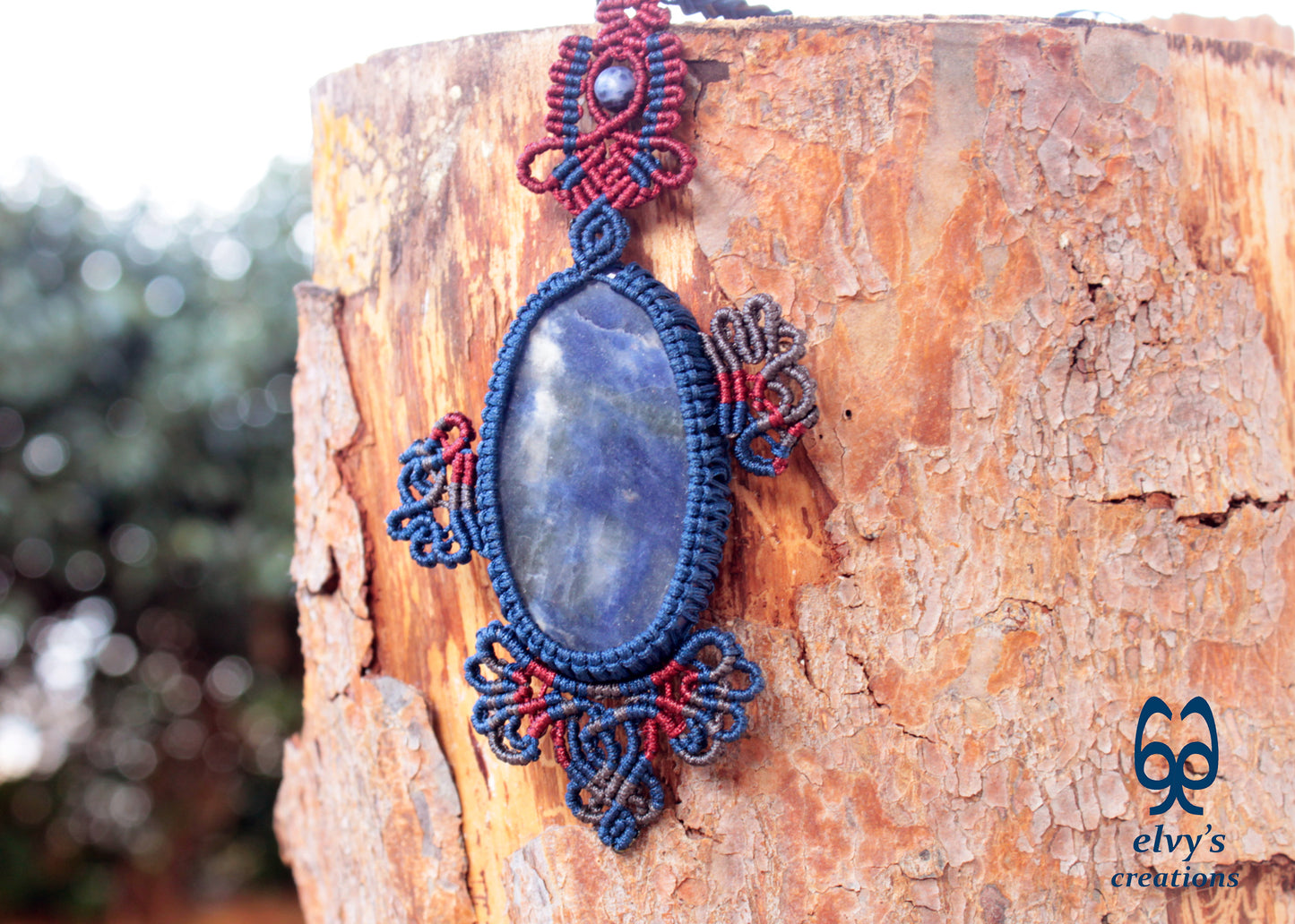 Blue Handmade Macrame Necklace with Sodalite Wrapped Gemstone Necklace