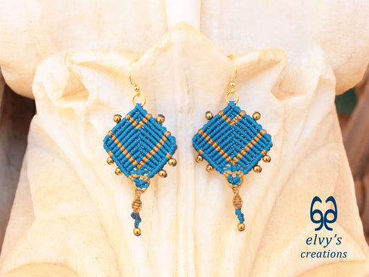 Handmade Blue and Gold Macrame Earrings, Dangle Gemstone Beads Earrings, Birthday Gift for Women