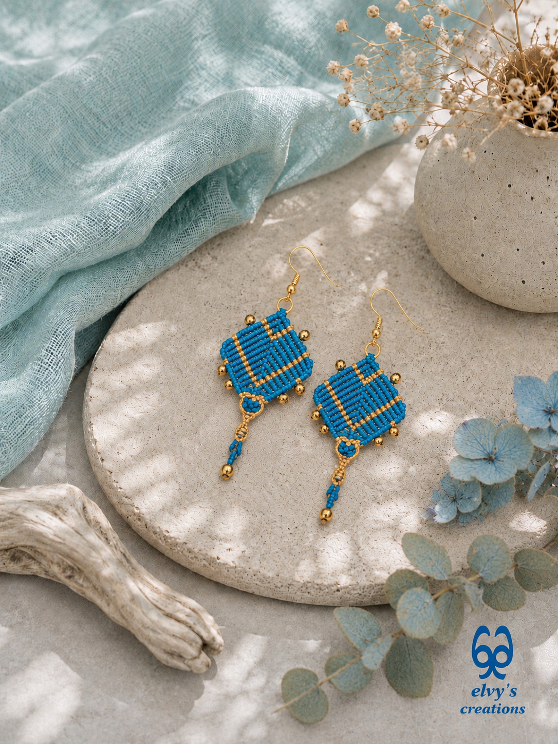 Handmade Blue and Gold Macrame Earrings, Dangle Gemstone Beads Earrings, Birthday Gift for Women