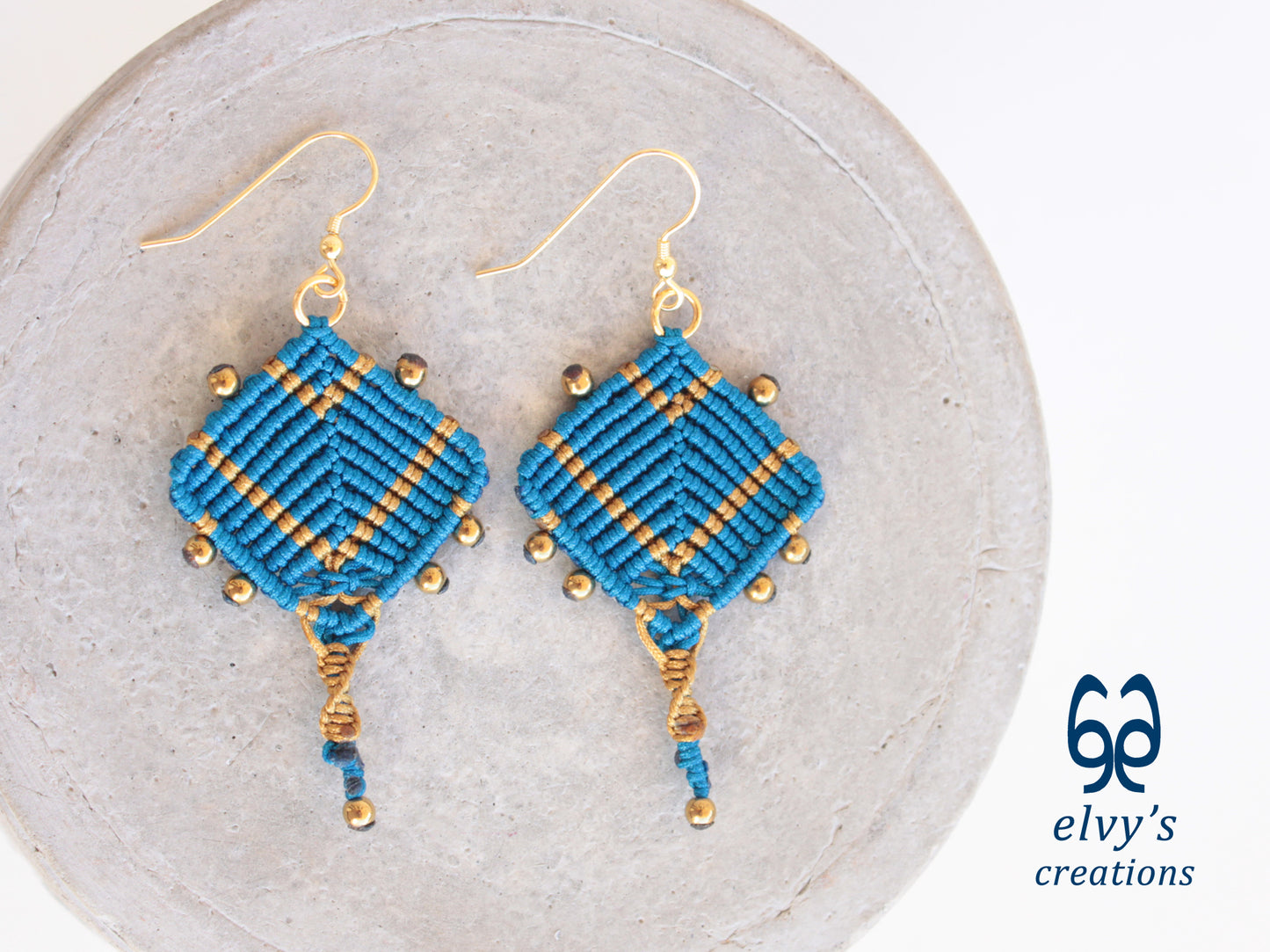 Handmade Blue and Gold Macrame Earrings, Dangle Gemstone Beads Earrings, Birthday Gift for Women