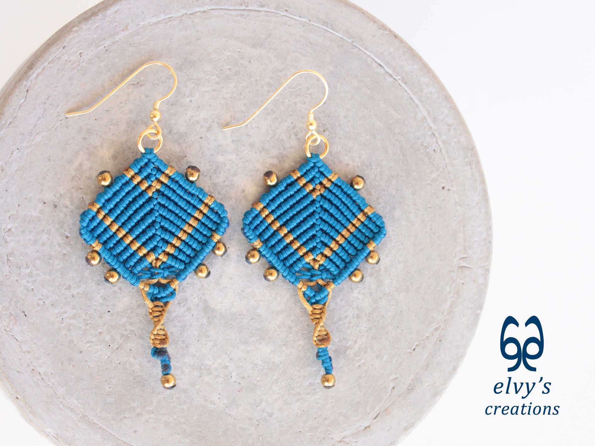 Handmade Blue and Gold Macrame Earrings, Dangle Gemstone Beads Earrings, Birthday Gift for Women