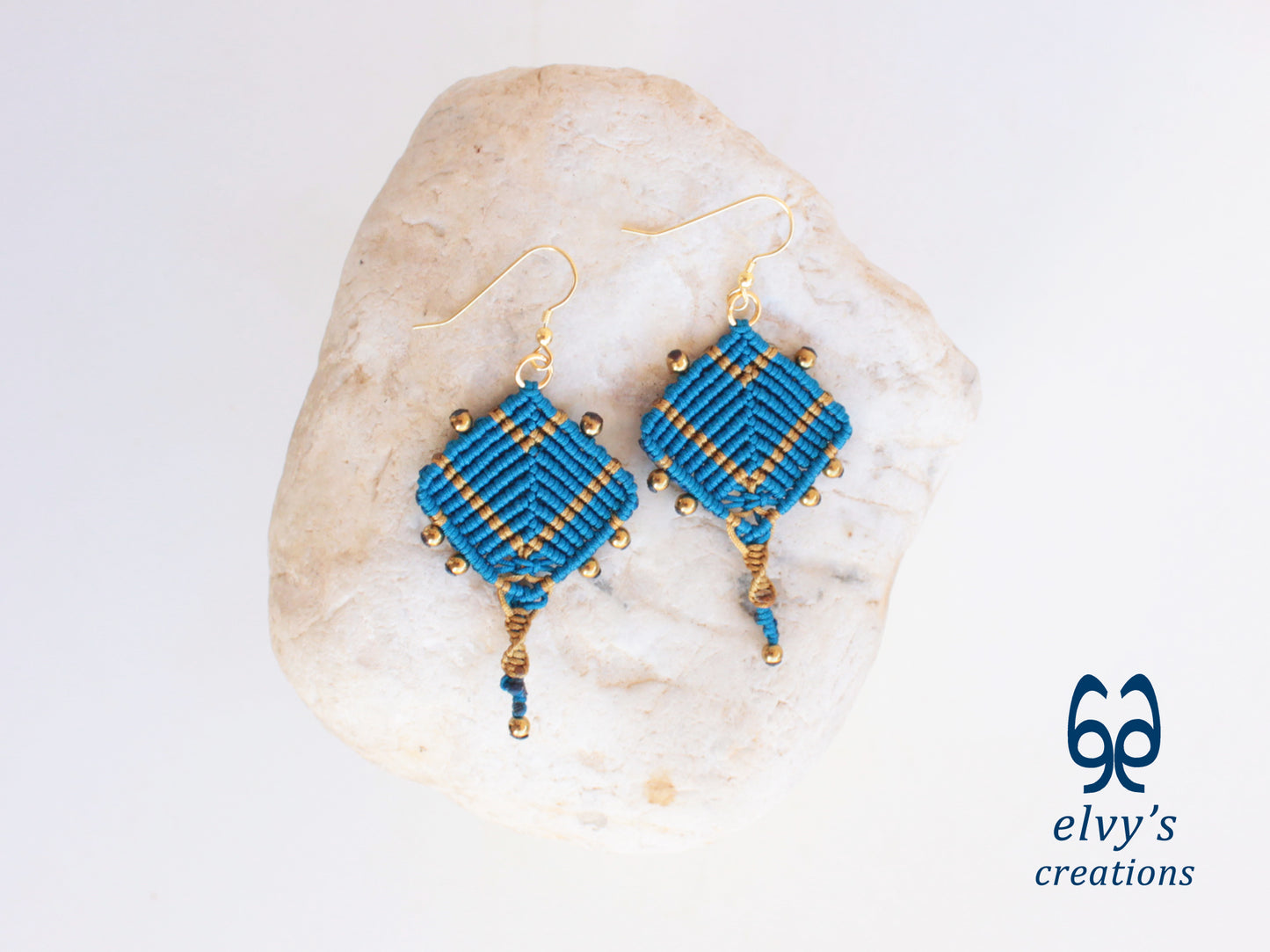 Handmade Blue and Gold Macrame Earrings, Dangle Gemstone Beads Earrings, Birthday Gift for Women