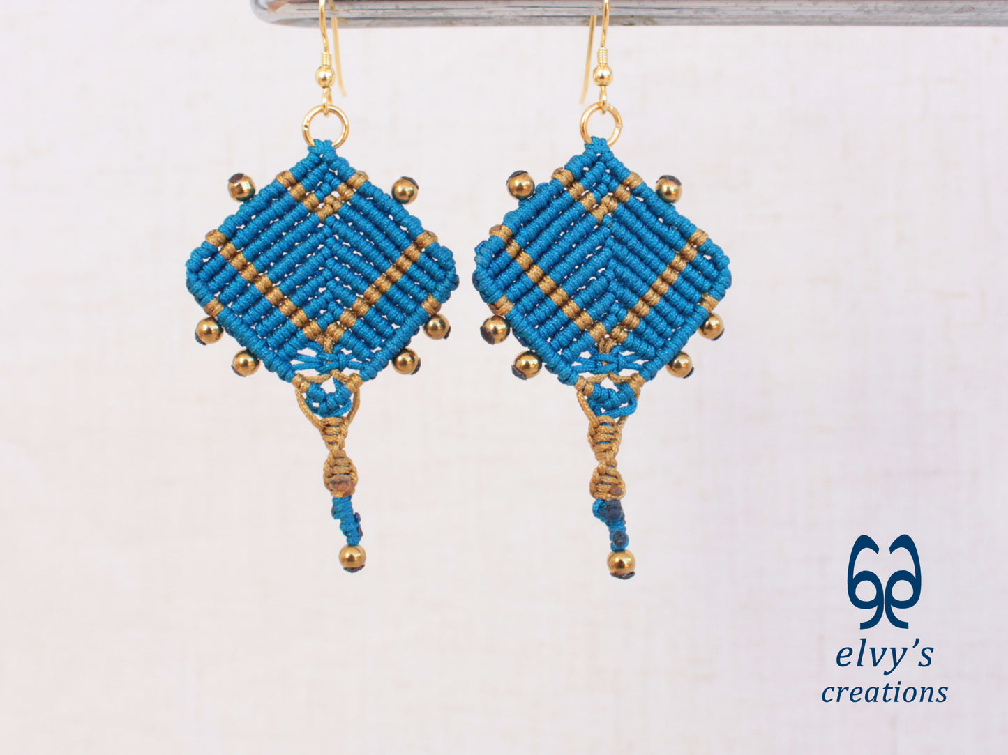 Handmade Blue and Gold Macrame Earrings, Dangle Gemstone Beads Earrings, Birthday Gift for Women