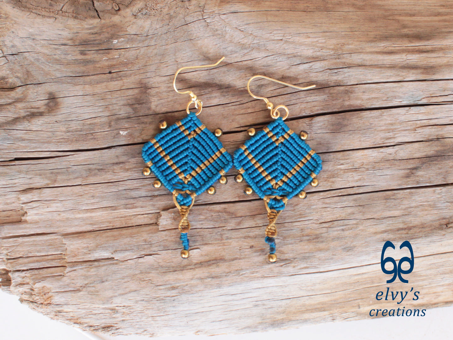 Handmade Blue and Gold Macrame Earrings, Dangle Gemstone Beads Earrings, Birthday Gift for Women