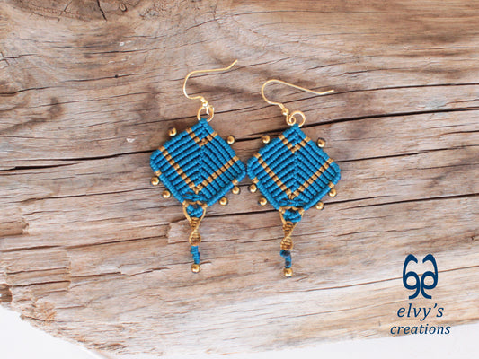 Handmade Blue and Gold Macrame Earrings, Dangle Gemstone Beads Earrings, Birthday Gift for Women