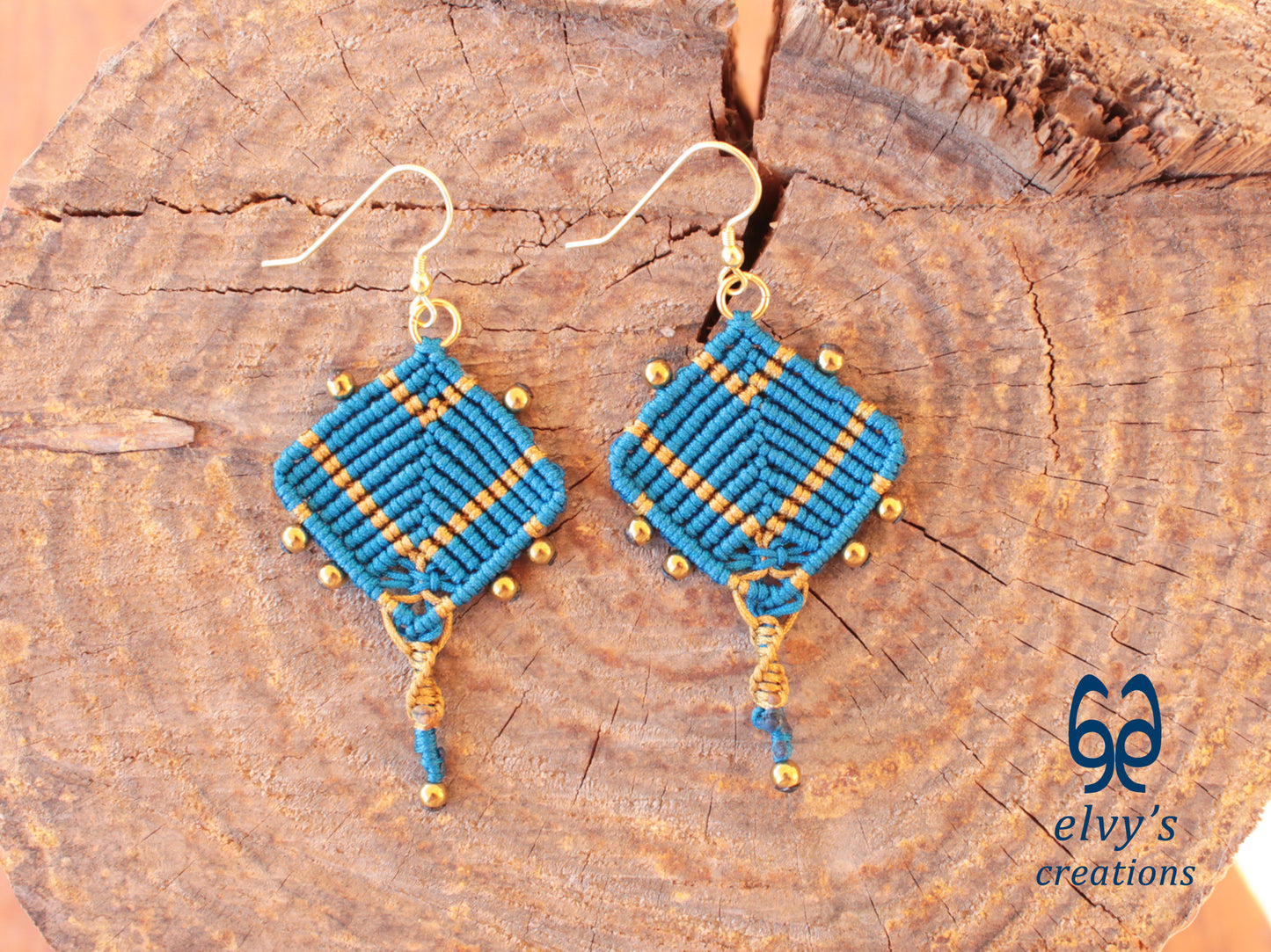 Handmade Blue and Gold Macrame Earrings, Dangle Gemstone Beads Earrings, Birthday Gift for Women