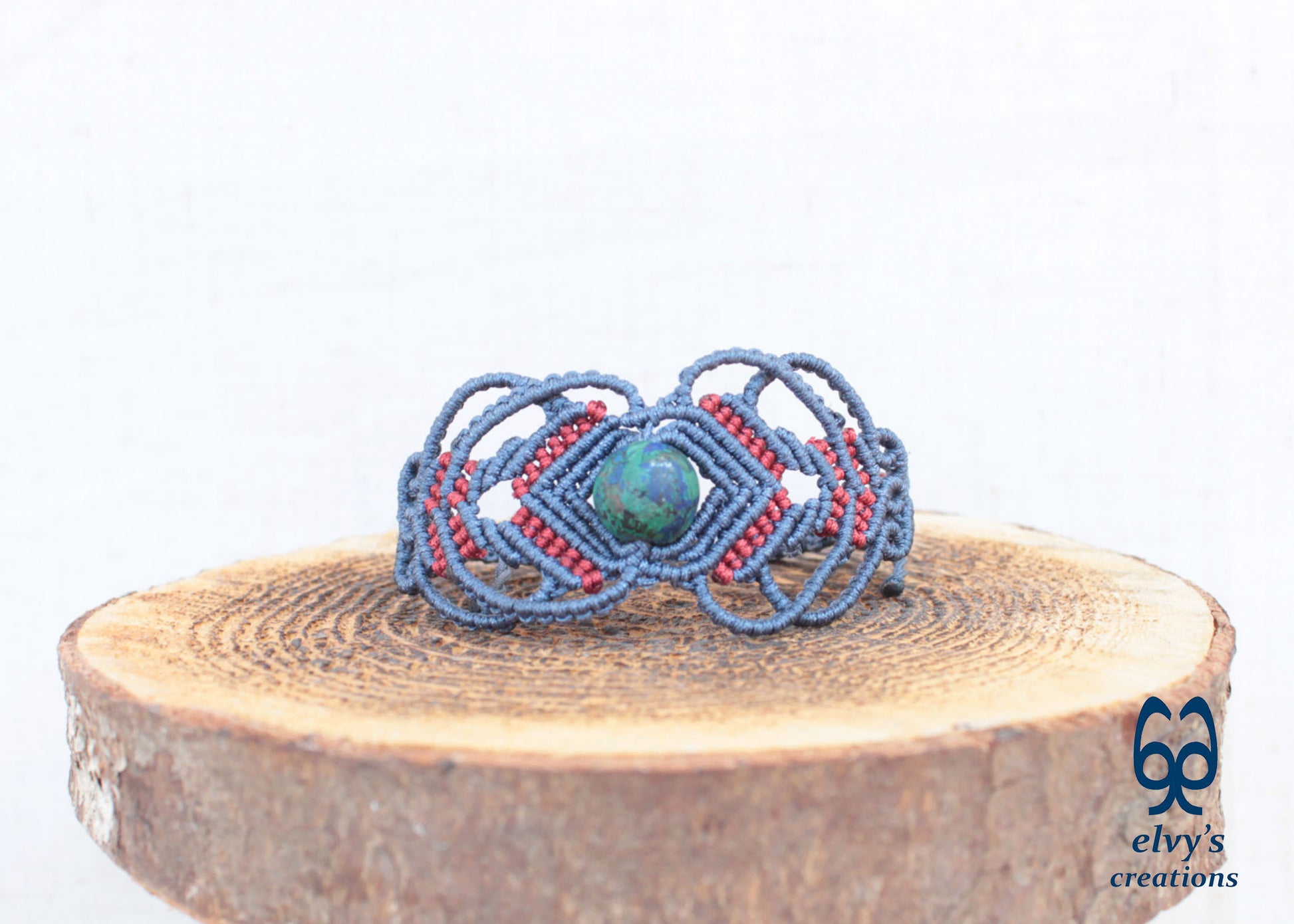 Red Macrame Bracelet with Blue Azurite Gemstone Boho Macrame Adjustable Bracelet