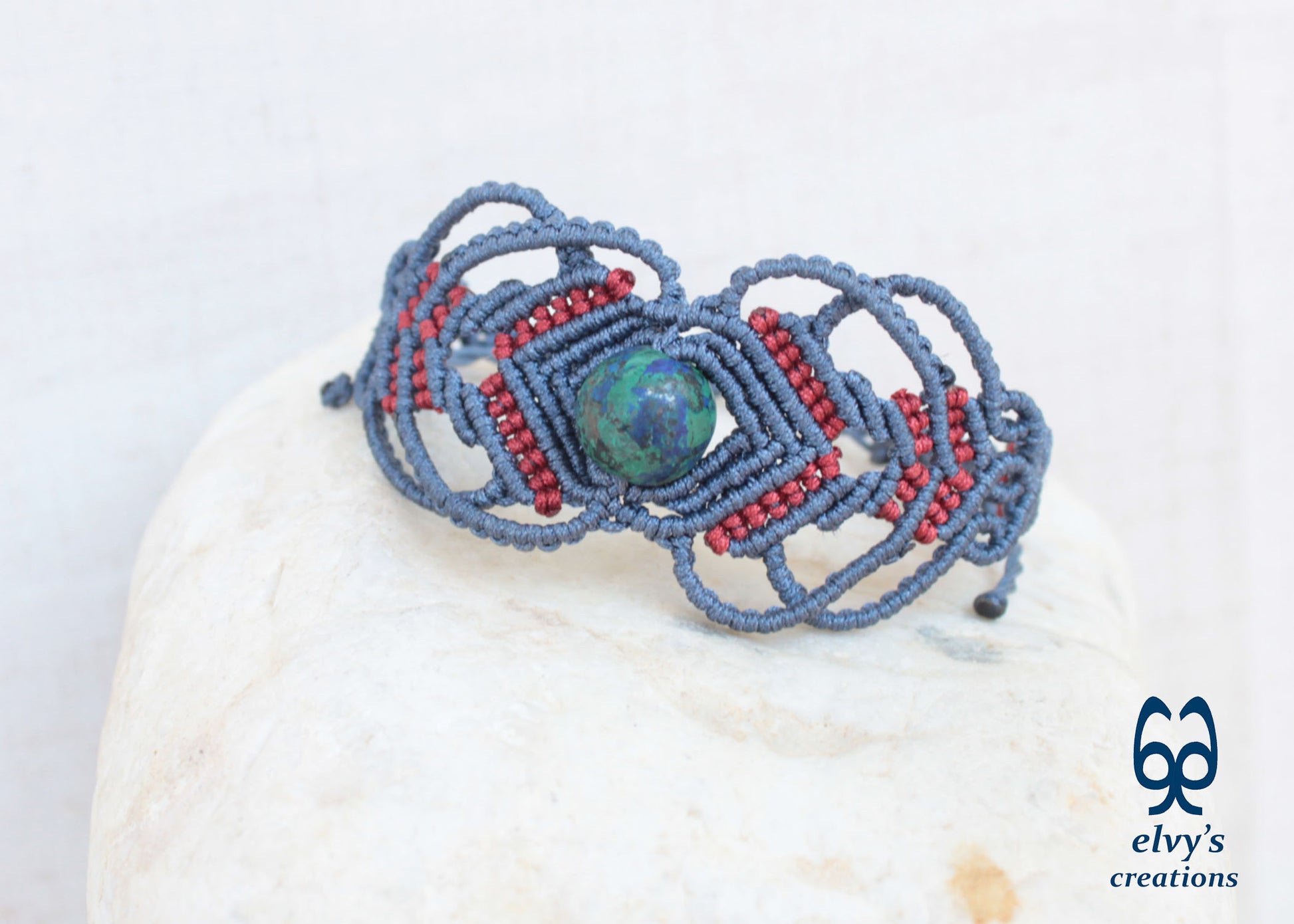 Red Macrame Bracelet with Blue Azurite Gemstone Boho Macrame Adjustable Bracelet