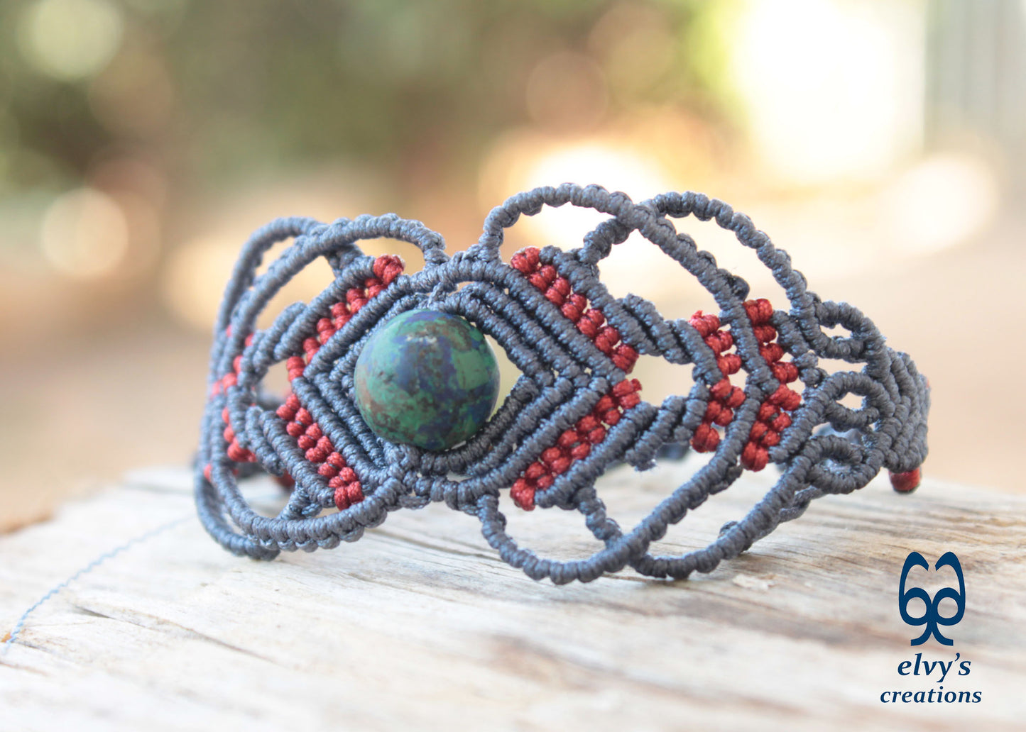 Red Macrame Bracelet with Blue Azurite Gemstone Boho Macrame Adjustable Bracelet