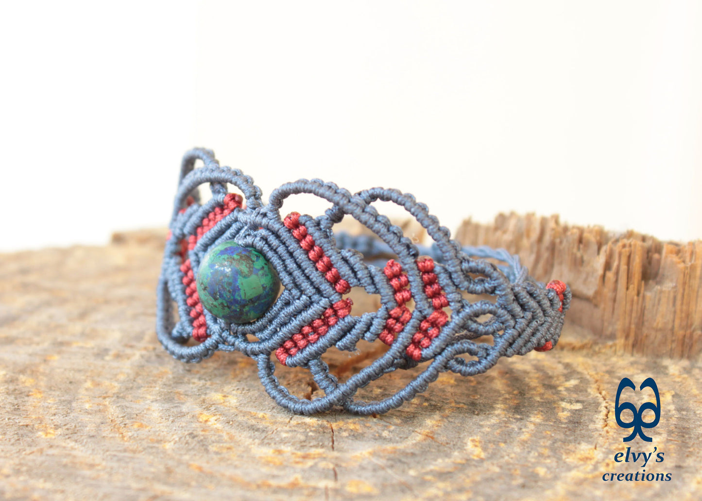 Red Macrame Bracelet with Blue Azurite Gemstone Boho Macrame Adjustable Bracelet