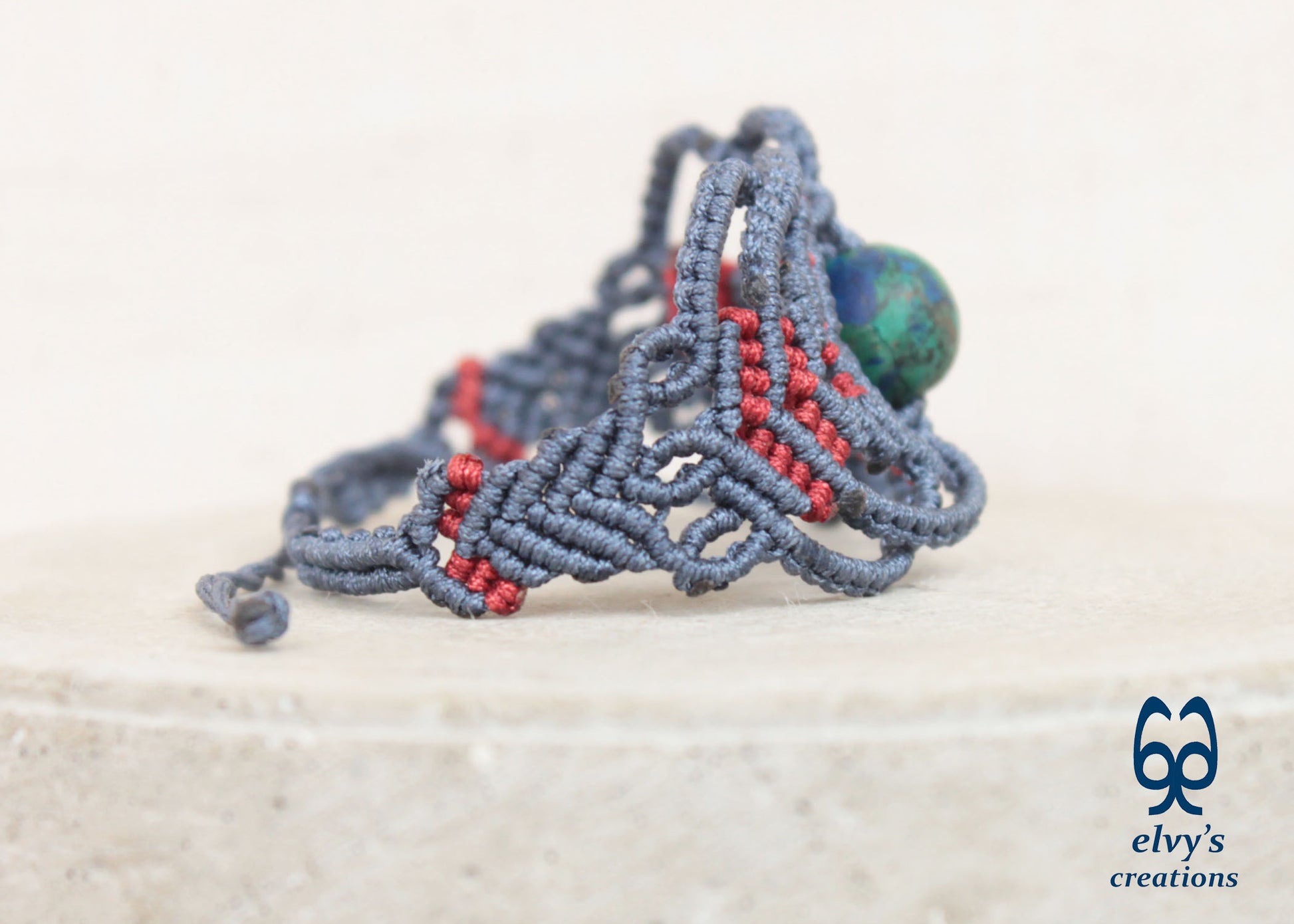 Red Macrame Bracelet with Blue Azurite Gemstone Boho Macrame Adjustable Bracelet