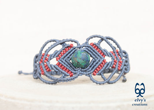 Red Macrame Bracelet with Blue Azurite Gemstone Boho Macrame Adjustable Bracelet