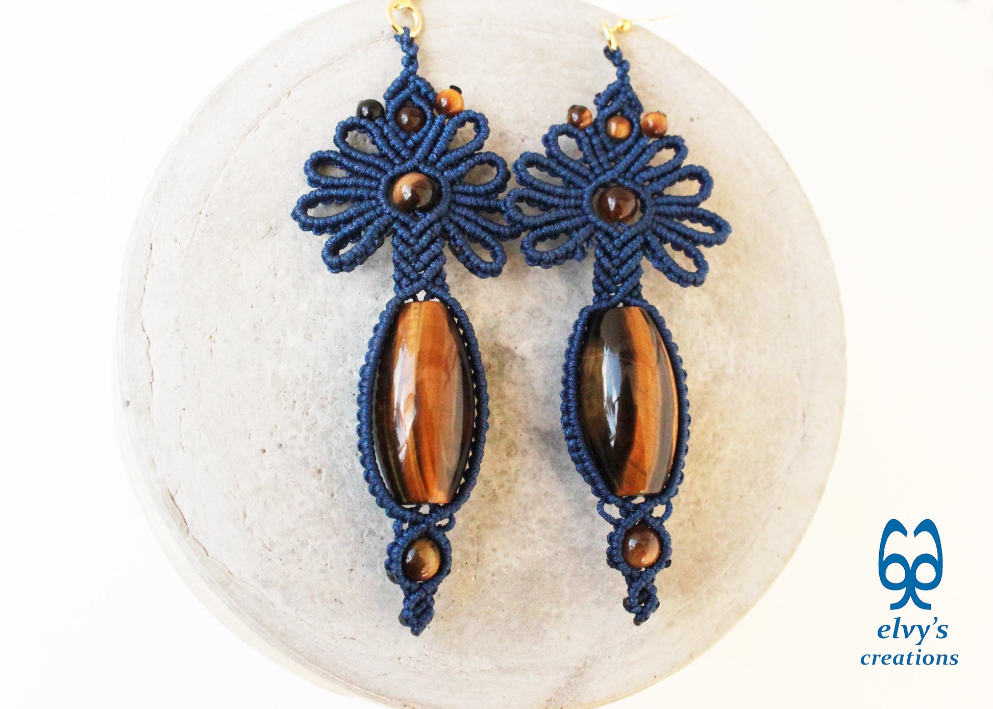 Blue Macrame Earrings with Tiger Eye Gemstones Flower Lace Silver Earrings