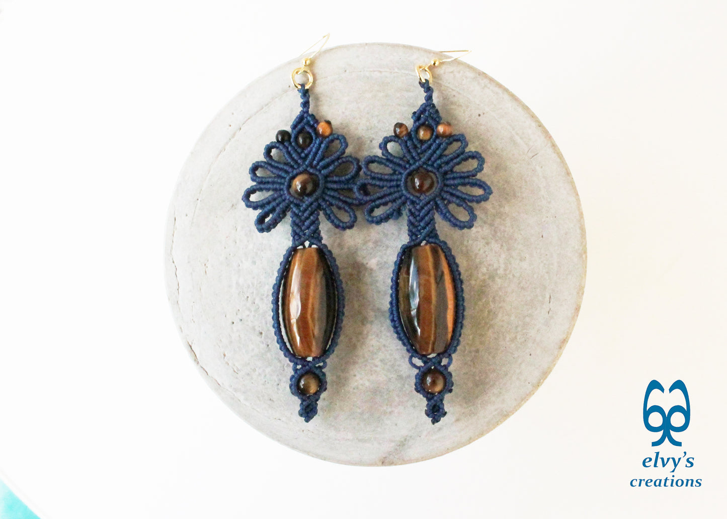 Blue Macrame Earrings with Tiger Eye Gemstones Flower Lace Silver Earrings