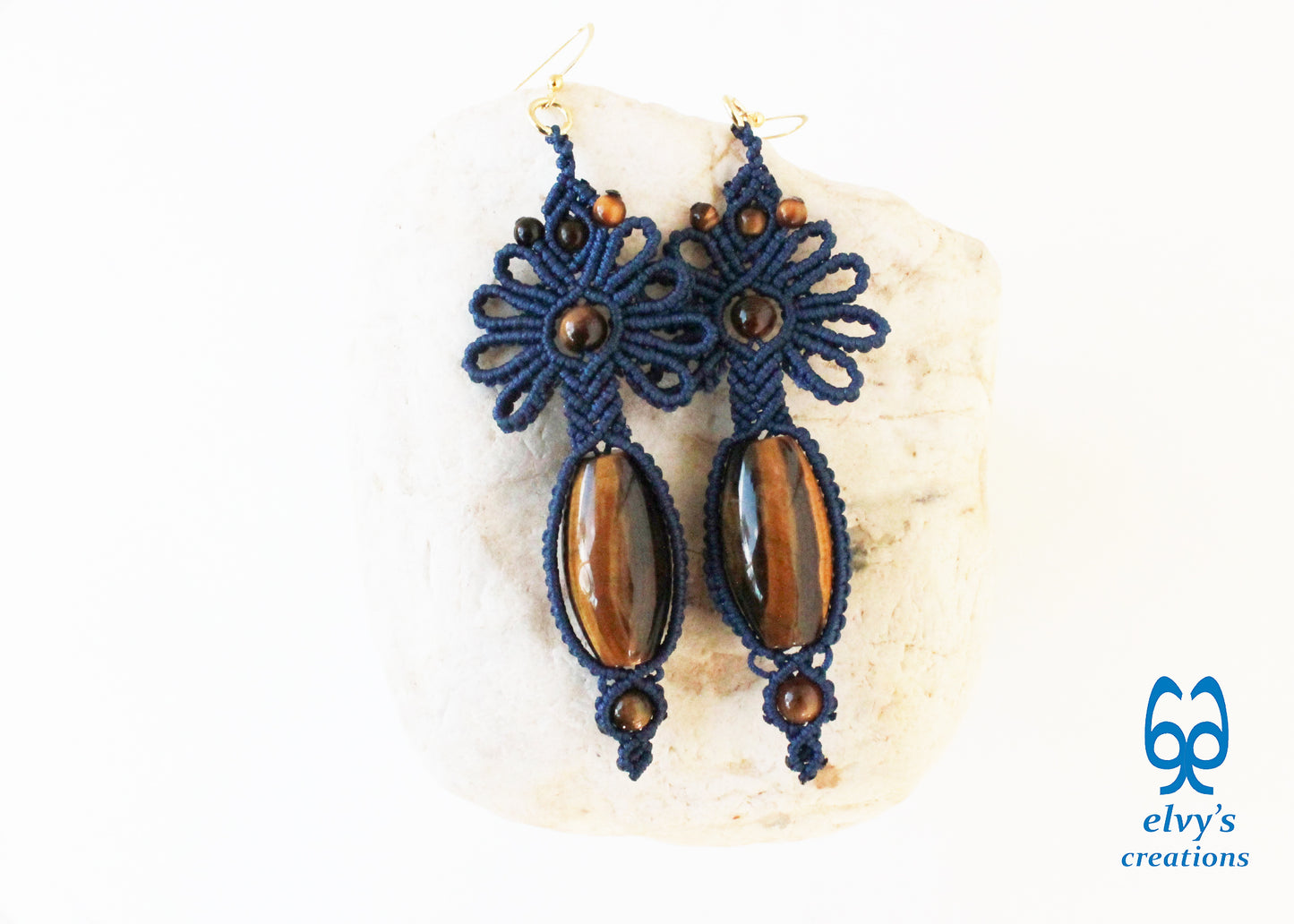 Blue Macrame Earrings with Tiger Eye Gemstones Flower Lace Silver Earrings